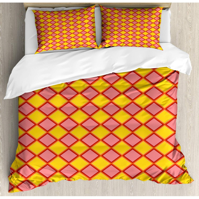 Мінімалістичний набір підковдр Двоспальне ліжко, геометричний ромб арт, м'яка форма найвищої якості Підковдра з 3 предметів з 2 наволочками, 220 x 220 см - 75 x 50 см, земляно-жовтий корал