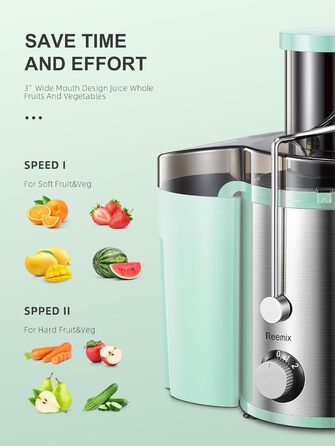 Шокер-віджимач Reemix для овочів та фруктів, професійний соковичавник з нержавіючої сталі, 800W, 3 швидкості, Aqua