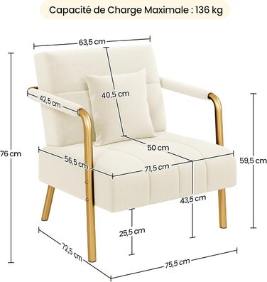 Диван-крісло Yaheetech з підлокітниками та металевими ніжками, сучасний двомісний диван з 2 подушками для попереку, бежевий, для вітальні/спальні (75,5 см ширина)