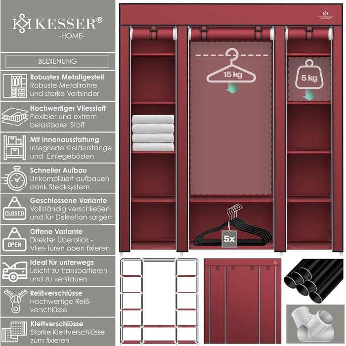 Тканинна шафа KESSER з штангою для одягу та полицями, в т.ч. 5 вішалок, 150x45x175см Бордо червоний