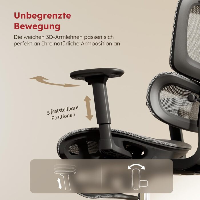 Ергономічне крісло для офісу Voll-Mesh з підголівником, підставкою для ніг, регульованою спинкою, підлокітниками, саморегульованою поперековою підтримкою, PU-колесами, поворот на 360°, 150 кг, темно-сірий