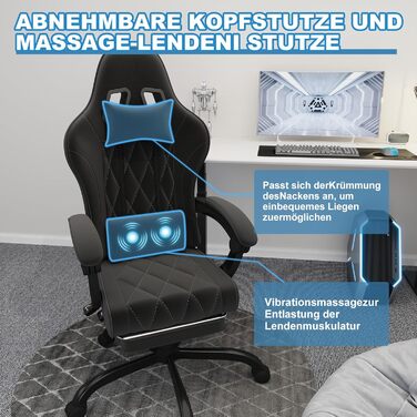 Ігровий крісло JUMMICO з тканини та підлокітниками з піною, ергономічний офісний крісло з масажером. Крісло має підголівник, підставку для ніг, регулювання висоти. Максимальне навантаження: 150 кг, чорний колір