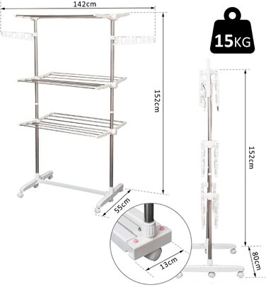 Мобільна сушарка HOMCOM сушарка для білизни Башта бічні стулки складні (4 рівня) на 3 або 4 рівнях (142 x 55 x 152 см)