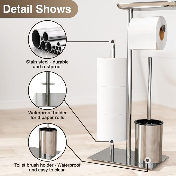Тримач туалетного паперу настільний срібний з щіткою - набір для ванної кімнати