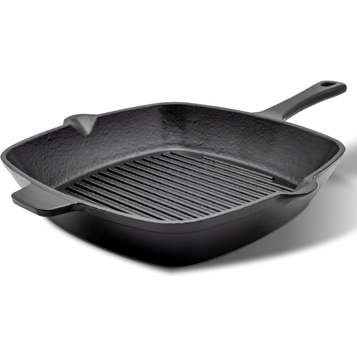 Сковорода-гриль HENSSELERS® з чавуну [26 см] для всіх типів плит та духовок, включаючи газові та індукційні плити. Антипригарна сковорода для стейків. Чотирикутна чавунна сковорода для гриля