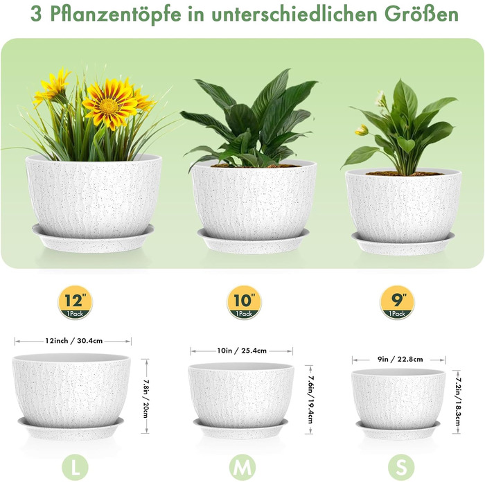 Набір горщиків для квітів з системою поливу (3 шт.), 20.3/17.8/15.2 см, горщики для рослин з піддоном, для дому та балкона, білі з чорними крапками