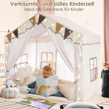 Дитячий намет MAMIZO для гри в приміщенні з килимком, прапорцями та світлом, 136x95x133 см. Ідеальний намет-ігровий будиночок для дітей, підходить для хлопчиків та дівчаток, кремового кольору.