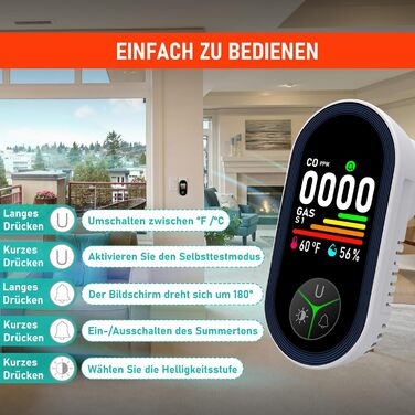 Детектор CO з HD-дисплеєм, візуальним та звуковим сигналом, 3-в-1 (CO, температура, вологість) для кемпінгу та подорожей на автодомі