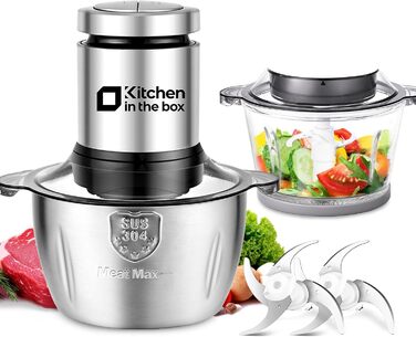 Електричний подрібнювач для кухні Kitchen in the Box 400W з 2 чашами (2L+2L) та двосторонніми лезами з нержавіючої сталі. Подрібнювач для м'яса, овочів, цибулі, фруктів срібного кольору.