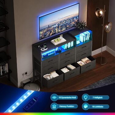 Комод ODK з шухлядами, 2 розетки, 2 USB, 10 LED-смужок, полиця, стільниця, 9 тканинних шухляд, чорний колір, 130x30x97 см