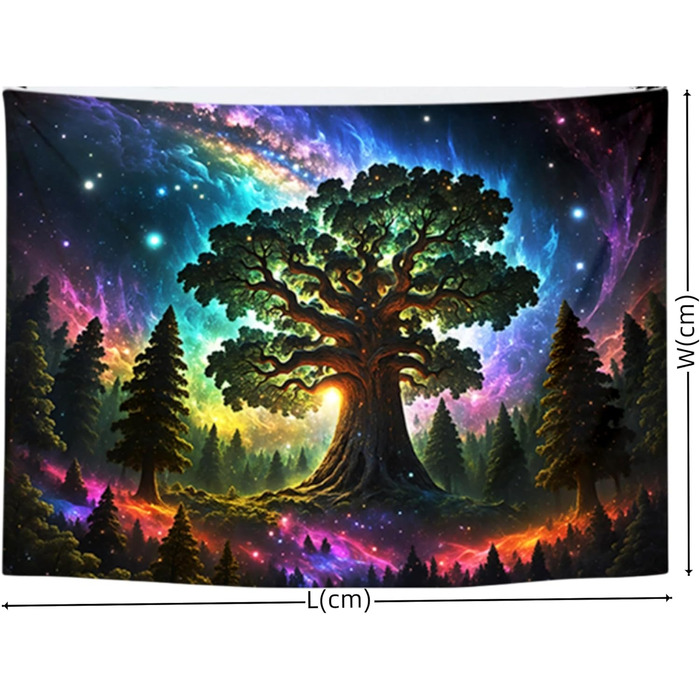 Гобелен Arsey Blacklight Forest Trippy UV реактивний, Дерево Зірки Галактика, 300x180см, Багатобарвистий, XXXL