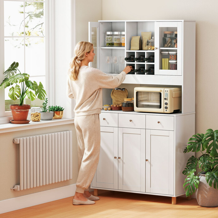 Кухонна шафа 180 см, 2 скляні дверцята, 3 висувні ящики, 4 регульовані полиці, шафа для їдальні, ДСП, білий