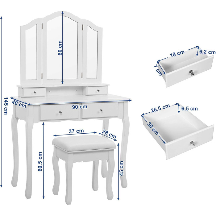 Туалетний столик SONGMICS 3 дзеркала, табурет, 4 висувних ящика, 2 роздільники, пристрій проти нахилу, білий, 90x40 см