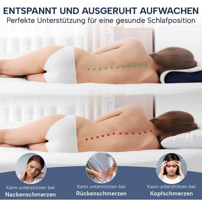 Ортопедична подушка для шиї з Memory Foam, регульована висота, знімає напругу голови та шиї, проти болю в шиї, 60x30 см, з синім чохлом, середньої жорсткості