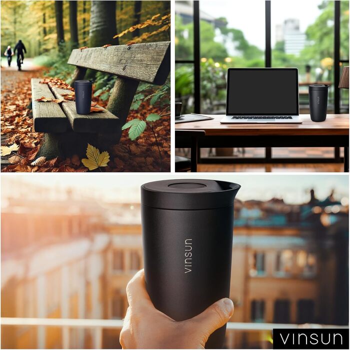 Термокружка VINSUN 350 мл, не протікає, з нержавіючої сталі, для гарячих та холодних напоїв, з Quick Press кришкою, для авто, університету (Чорний)