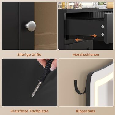 Великий туалетний столик AOGLLATI з великим дзеркалом та регульованою LED-підсвіткою. Косметичний столик з розетками, 3 висувними ящиками та 2 шафками. Сучасний туалетний столик для спальні (білий/чорний)