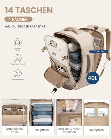 LOVEVOOK Рюкзак ручної поклажі, 40л, 17.3 дюйми, для подорожей та бізнесу, водонепроникний, 45x30x20см, світло-бежевий