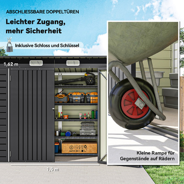 Сарай для інструментів Outsunny, металевий сарай, з двома дверцятами, 249B x 121T x 166/183H см, сірий