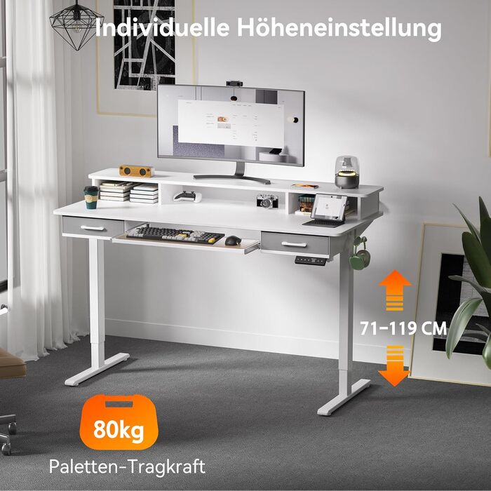 Регульований за висотою стіл WALKINGDESK з електроприводом, 160x60 см. Стіл для дому та офісу з висувними ящиками та підставкою для клавіатури, білий