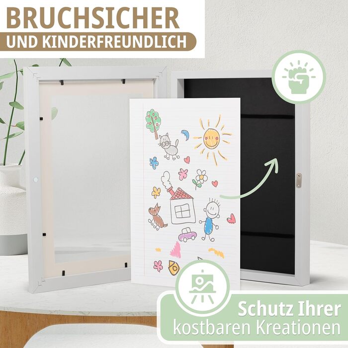 Рамки для дитячих малюнків KIYARI A4, 2 шт., білі, розкладні, з фронтальною відкриттям, для 150 малюнків, міцне дерево, безпечне скло, ідеально для творчих проектів, дитячої кімнати та школи