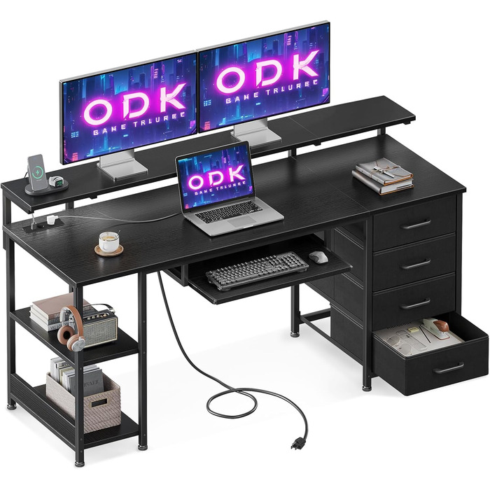 Письмовий стіл ODK з 4 шухлядами, комп'ютерний стіл з 2 розетками та 2 USB-портами, стіл для ПК з полицею, геймерський стіл з висувною полицею для клавіатури, для офісу та вітальні, 160x52 см, білий/чорний
