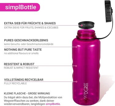 Пляшка для пиття simplBottle з температурою 720 D - 1,5 л - ваша герметична пляшка для води - спортивна пляшка для занять спортом, тренажерного залу, фітнесу, велосипеда, дітей , школи та офісу-Без BPA (рожевий кольору фуксії / рожевий, 1500 мл)