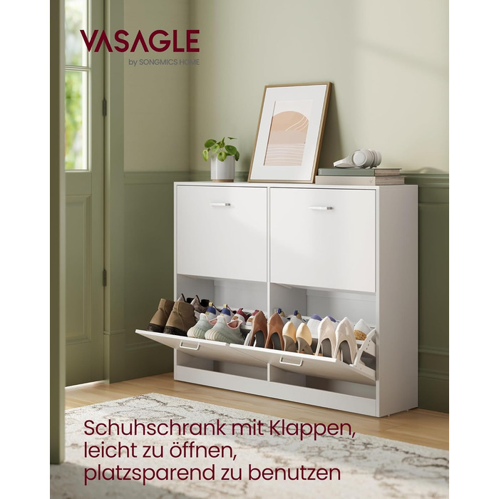 Шафа для взуття VASAGLE з 4-ма дверцятами, 16-28 пар, білий колір, регульована перегородка, 24 x 105,5 x 82,7 см