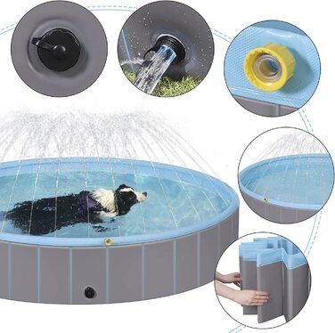 Дитячий басейн EUGAD для собак середнього розміру, складаний басейн для собак, нековзна ванна для собак для дітей, басейн з водою з бризками, Світло-блакитний і світло-сірий, 120x30 см, 120x30 см, 30 см
