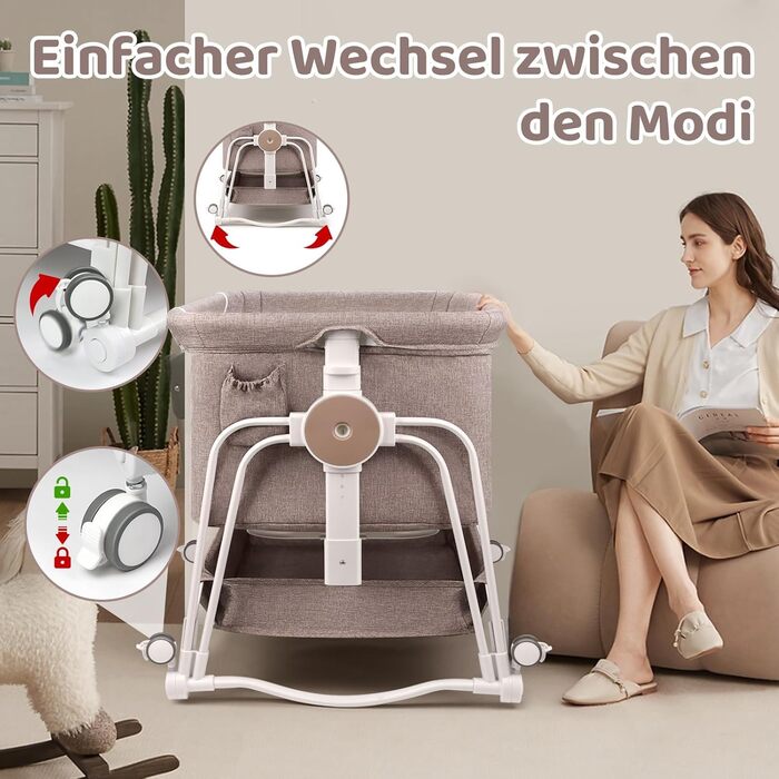 Дитяче ліжко-приліжкова коліска 4 в 1 з регулюванням по висоті, з колесами, комодом, москітною сіткою та матрацом (Хакі)