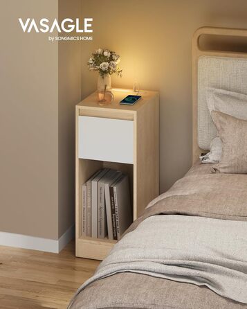 Приліжкова тумбочка VASAGLE з LED-підсвічуванням, USB-A та USB-C, з шухлядою та відкритим відсіком, для спальні/вітальні, кольору 