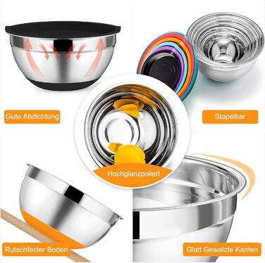 Набір мисок Onader з нержавіючої сталі: салатники з кришкою та 3 терками для кухні. Об'єм: 4л, 2.8л, 2.5л, 1л, 1.2л, 0.7л. Складається з 6 мисок, можна складати та мити в посудомийній машині.