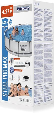 Каркасний басейн Bestway Steel Pro MAX Повний комплект з фільтруючим насосом Ø 427 x 107 см, світло-сірий, круглий