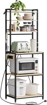 Кухонна полиця WOLTU з 6 ярусами, з розетками, для мікрохвильової печі, з металевим каркасом, регульовані полиці, Чорний+Рустикальне коричневий, 60 x 167 x 40 см (Чорний+світлий дуб, 60 x 39,5 x 167 см)