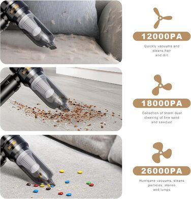 Акумуляторний ручний пилосос KITBEZN 4-в-1 для авто та дому, бездротовий міні-пилосос з безщітковим двигуном, потужність 26000Па, 3 режими роботи, чорний