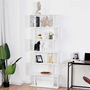 Дерев'яна книжкова шафа BAKAJI з 6 полицями, зигзаг сучасного дизайну для вітальні, вітальні, дому чи офісу, розмір 80 x 24 x 190 см (білий)