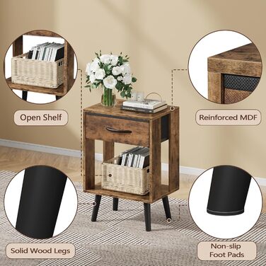 Набір з 2 приліжкових тумбочок, 40x30x60.3 см, з шухлядою, з дерева, для спальні/дитячої кімнати