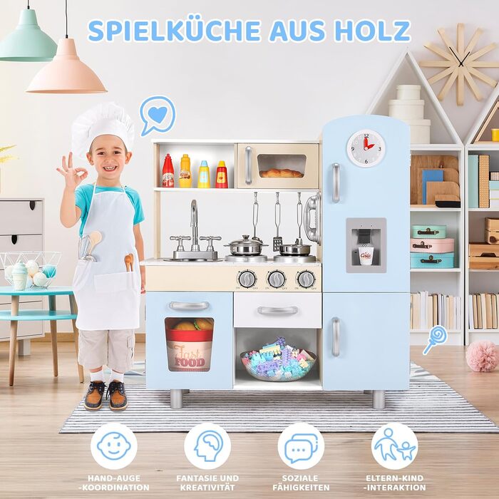 Дерев'яна дитяча кухня Mamizо з аксесуарами, 81x74x30 см, з підсвіткою та звуком, для дітей від 3 років, біло-блакитна