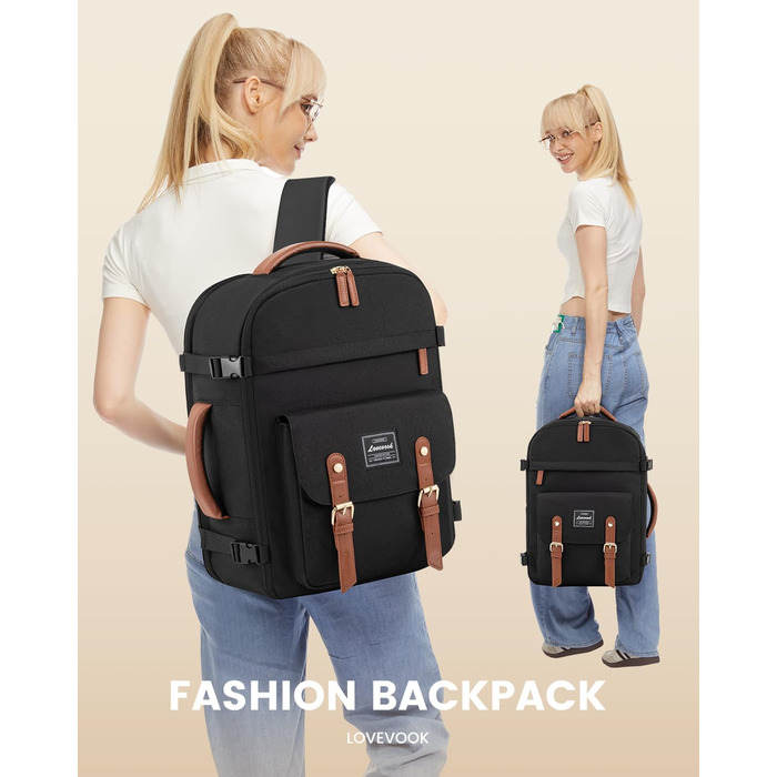 Рюкзак LOVEVOOK для ручної поклажі в літак, жіночий, водонепроникний, універсальний, для ноутбука 17 дюймів, шкільний, для студентів, подорожей, чорний/коричневий, 45x32x15 см