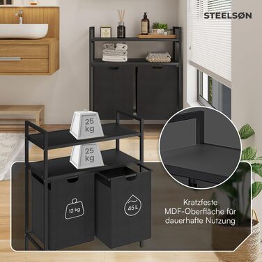 STEELSØN Rigil Кошик для білизни з 2 відділеннями та полицею з бамбука – 2 кошики по 45 л, чорний – металевий сортер для білизни з висувними мішками