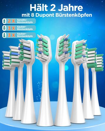 Електрична зубна щітка зі звуковими вібраціями, 8 насадок (3 типи), таймер, 120 днів роботи від акумулятора, 5 режимів чищення, чохол для подорожей, зарядний пристрій, що кріпиться до стіни (фіолетовий)
