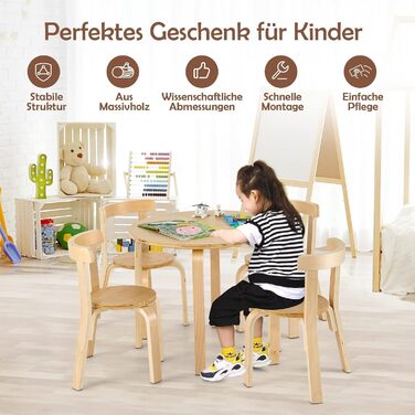 Дитячий столик та 4 стільчики DREAMADE з масиву дерева, дитячий меблевий набір для дівчаток та хлопчиків (натуральне дерево)