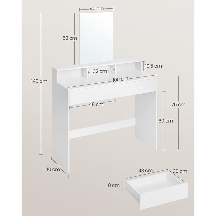 Туалетний столик VASAGLE, велике дзеркало, 2 ящики, 3 відділення, Сучасний, Білий, 100Вт x 140В см