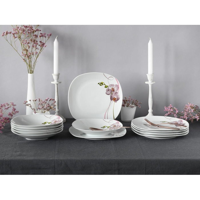 CreaTable Серія Square Orchidee: 18-ти частинний порцеляновий сервіз для 6 осіб, кавовий сервіз, підходить для миття в посудомийній машині та використання в мікрохвильовій печі