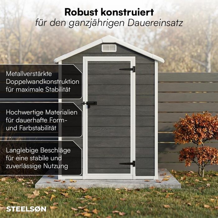 Садовий будиночок STEELSØN Novara 192x92x151 см – пластиковий сарай для інструментів з вікном, стійкий до погодних умов, темно-сірий