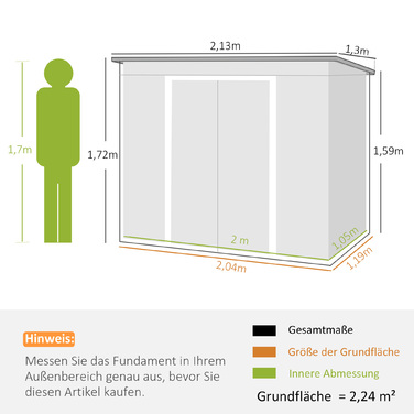 Outsunny Garden Shed 2,42 м², Садовий сарай з вентиляційним вікном, Розсувні двері, Фундамент, 213 x 130 x 159/172 см, Садовий сарай з оцинкованої сталі, Атмосферостійкий, Для саду, Зелений | Аосом