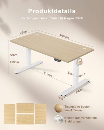 Регульований стіл висотою 200x80 см з USB-портом, 3 пам'яті, антиколізійна система, комп'ютерний стіл