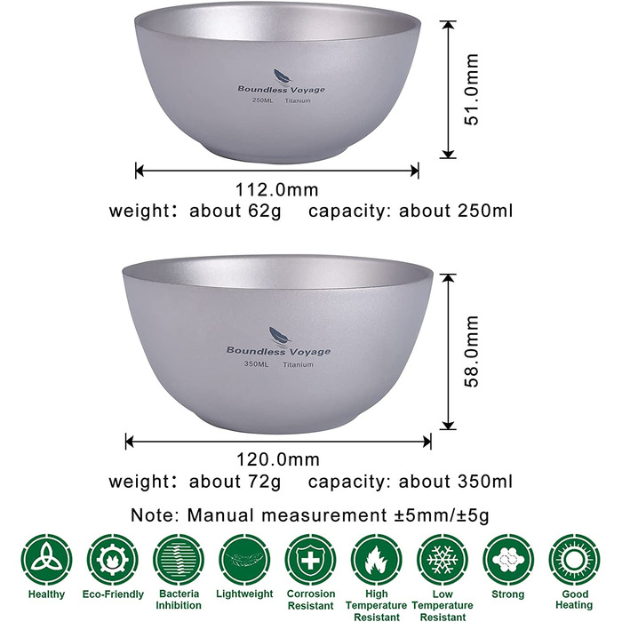 Титанова чаша iBasingo, чаша для рисового супу, посуд для кемпінгу на відкритому повітрі, 350 мл, легка кругла чаша з подвійними стінками, посуд для подорожей, походів, вдома, Ti1094T (250 мл 350 мл - Ti1093t ti1094t)