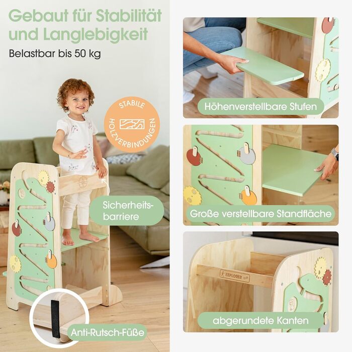 Дерев'яний навчальний столик-лесенка EXPLORER Kids® Montessori 5-в-1 | Регульована висота, захист від падіння, захист від перекидання | Розвиває моторику, цифри та форми | Білий та салатовий кольори | Для дітей від 1 року