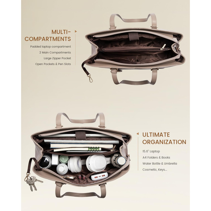 LOVEVOOK Сумка жіноча велика, шопер для ноутбука, сумка для роботи, офісна сумка, з PU шкіри, на плечі, для навчання, тоут-сумка для роботи, бізнесу, університету, школи (15,6 дюймів, тауп)