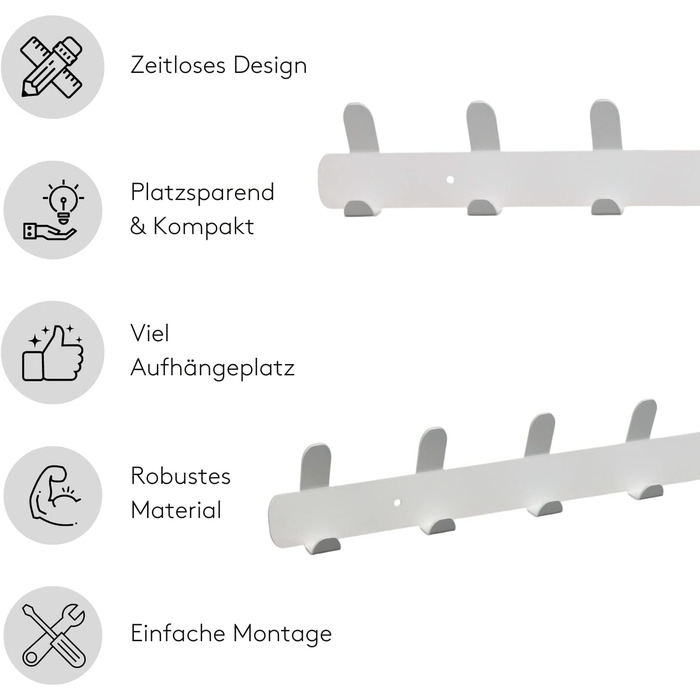 Вішалка настінна Gorillz Tiddly I Вішалка з 12 гачками білого кольору для настінного кріплення I З гачками для верхнього одягу I Тримач для курток I Високоякісна та сучасна вішалка з металу I Легко монтується